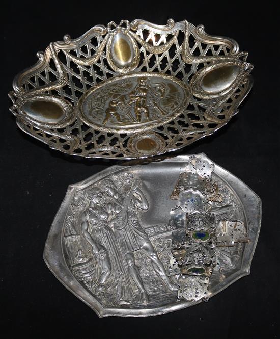 A WMF pewter dish, an Art Nouveau enamelled belt and a Continental plated fruit bowl.